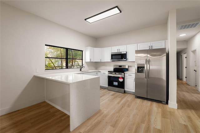 kitchen featuring sink, white cabinetry, light wood-type flooring, appliances with stainless steel finishes, and kitchen peninsula