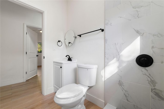 bathroom with wood-type flooring, vanity, and toilet