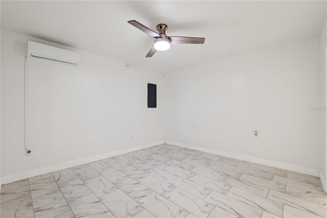 unfurnished room with electric panel, ceiling fan, and a wall mounted AC