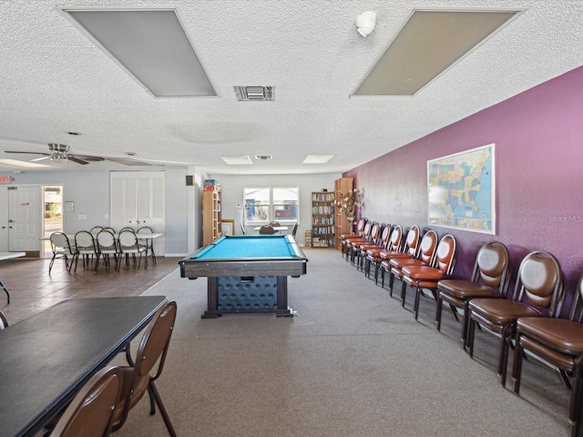 game room featuring a textured ceiling, ceiling fan, billiards, and visible vents