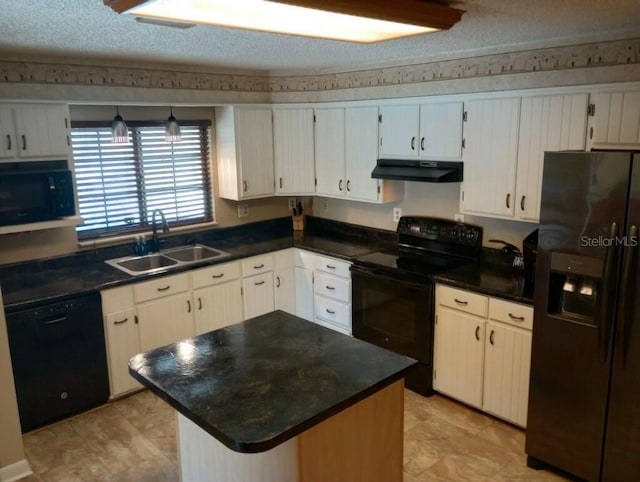 kitchen featuring sink, a kitchen island, black appliances, a textured ceiling, and white cabinets