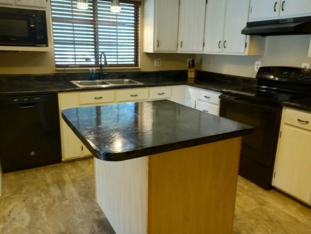 kitchen with white cabinets, sink, a kitchen island, and black appliances