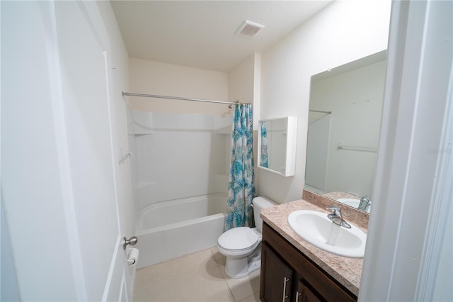 full bathroom with shower / bathtub combination with curtain, vanity, toilet, and tile patterned floors