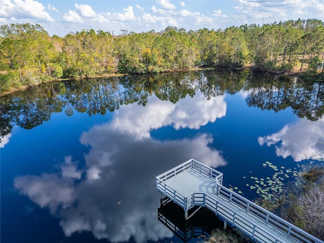 view of dock with a water view and a wooded view