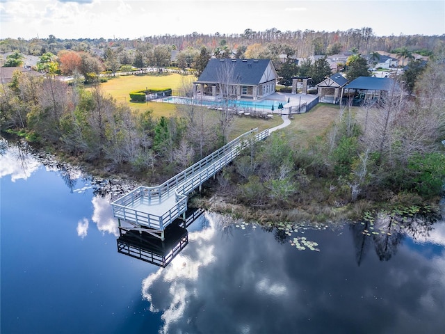 drone / aerial view with a water view