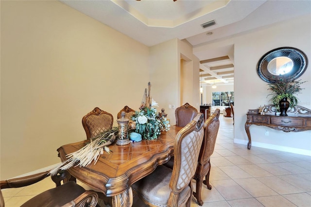 dining room with light tile patterned flooring, ceiling fan, coffered ceiling, and beam ceiling