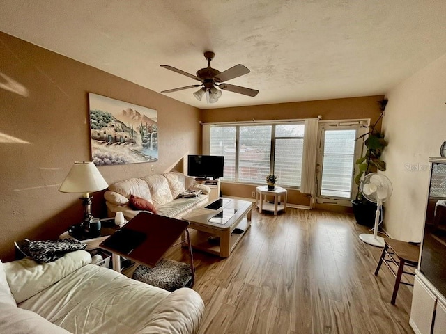 living room with hardwood / wood-style flooring and ceiling fan