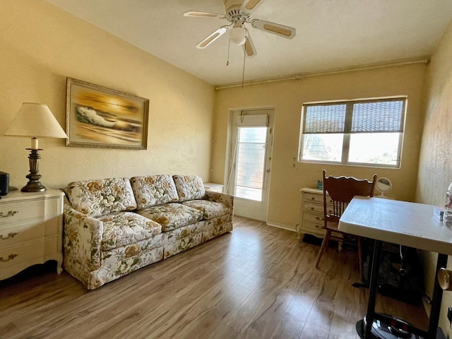 living room with hardwood / wood-style flooring and ceiling fan