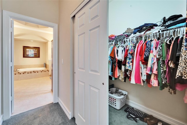 spacious closet with arched walkways and carpet