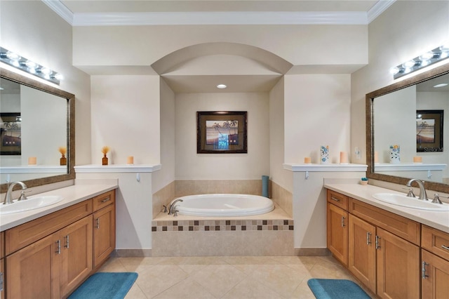 full bath featuring tile patterned floors, crown molding, and a sink