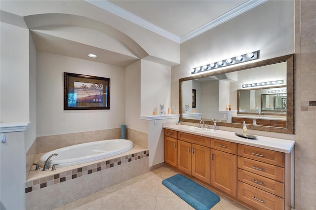 full bath featuring tile patterned floors, a bath, vanity, and ornamental molding