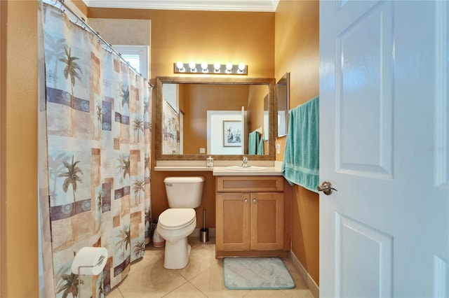 full bathroom with tile patterned floors, toilet, a shower with shower curtain, and vanity