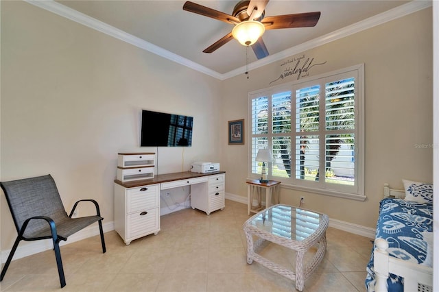 office area featuring light tile patterned floors, ceiling fan, baseboards, and ornamental molding