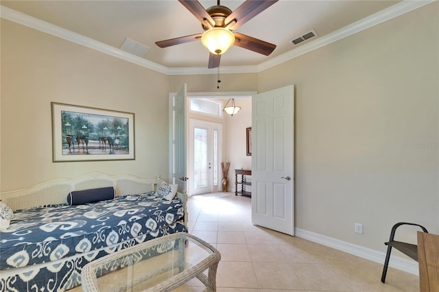 bedroom featuring visible vents, baseboards, ornamental molding, light tile patterned floors, and a ceiling fan