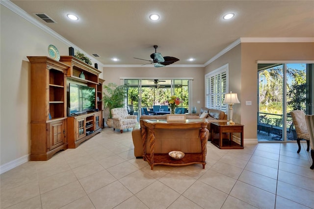 living room featuring light tile patterned floors, baseboards, visible vents, ceiling fan, and crown molding