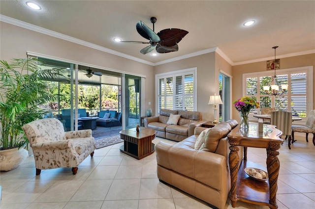 living room featuring crown molding, light tile patterned floors, ceiling fan with notable chandelier, and recessed lighting