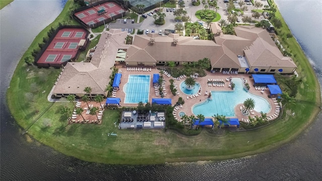 drone / aerial view featuring a water view