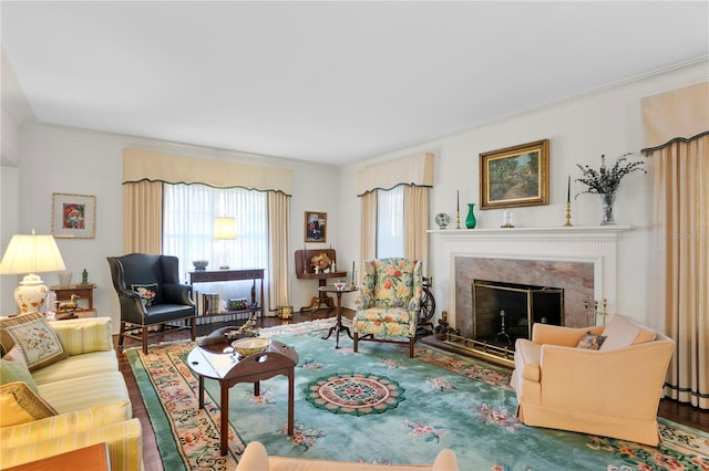 living room featuring a fireplace and wood finished floors