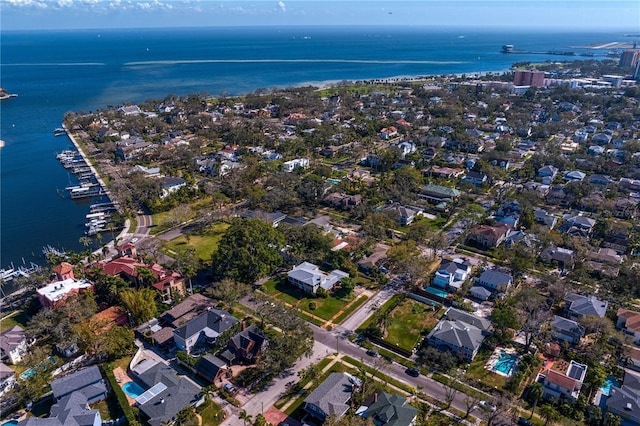 aerial view featuring a residential view and a water view