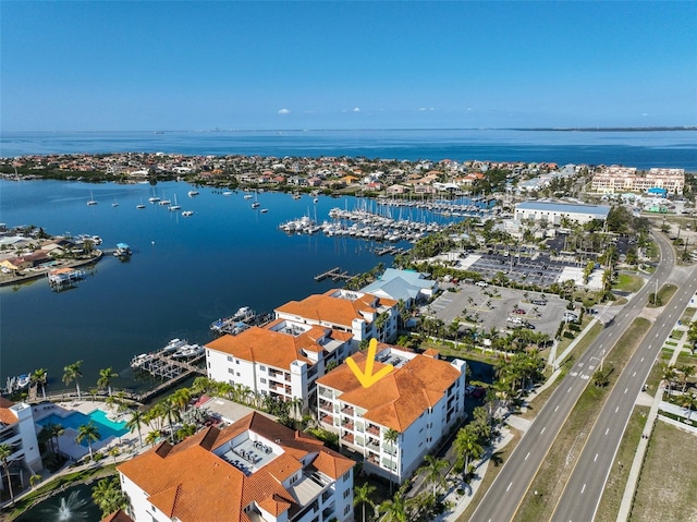 aerial view featuring a water view