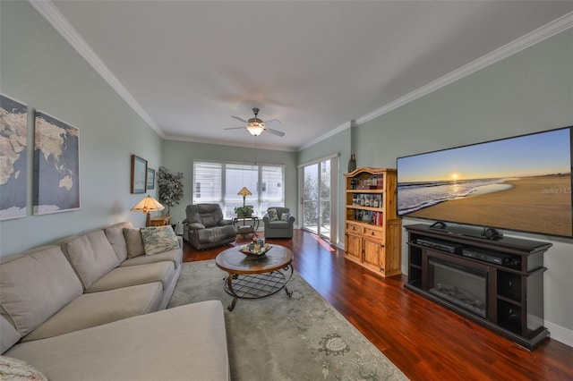 living room featuring crown molding, dark hardwood / wood-style floors, and ceiling fan