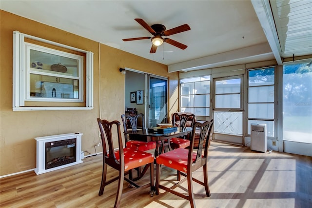 dining room with beam ceiling, light hardwood / wood-style flooring, and ceiling fan