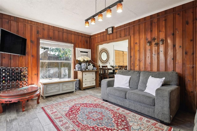 living room with hardwood / wood-style floors, a textured ceiling, and wooden walls