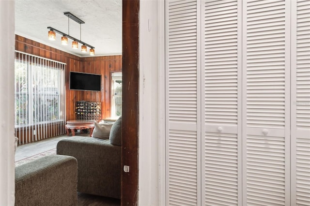 interior space with a textured ceiling and wood walls