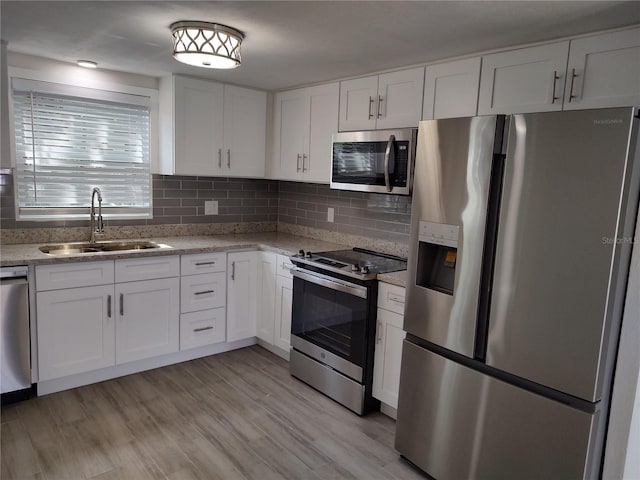 kitchen featuring light wood finished floors, white cabinets, appliances with stainless steel finishes, a sink, and backsplash