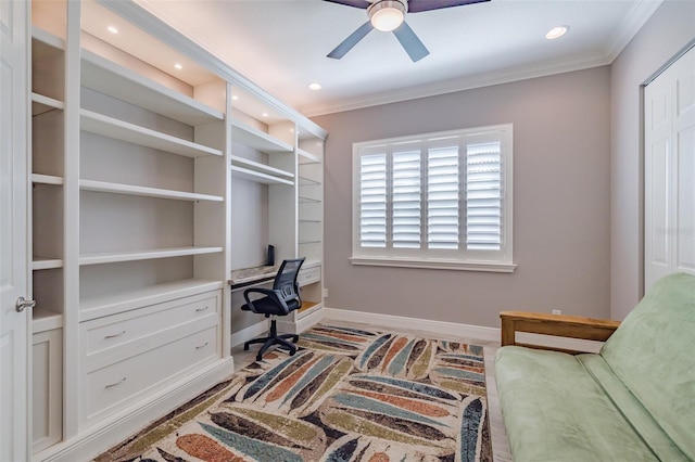 home office with crown molding, ceiling fan, recessed lighting, and baseboards