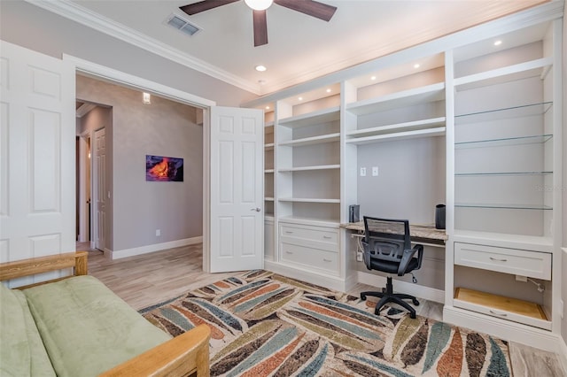 office space with crown molding, light wood finished floors, visible vents, ceiling fan, and baseboards