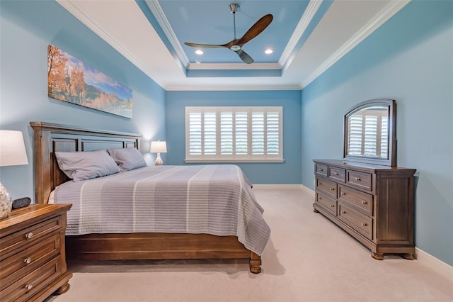 bedroom with recessed lighting, baseboards, ornamental molding, carpet, and a raised ceiling