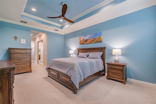 carpeted bedroom with baseboards, visible vents, a raised ceiling, crown molding, and recessed lighting