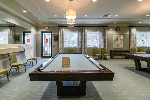 game room with visible vents, pool table, carpet, crown molding, and recessed lighting