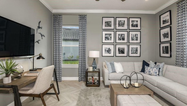 living room featuring crown molding and parquet flooring