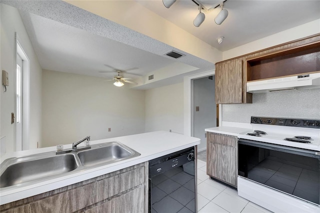 kitchen featuring sink, light tile patterned floors, dishwasher, ceiling fan, and electric range