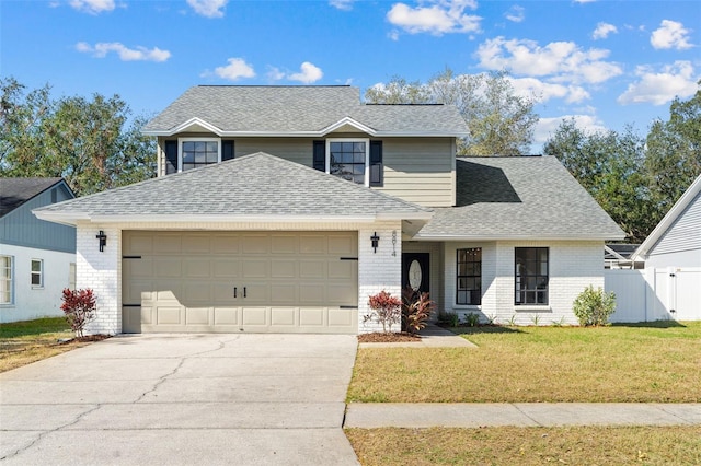 view of property with a garage and a front yard