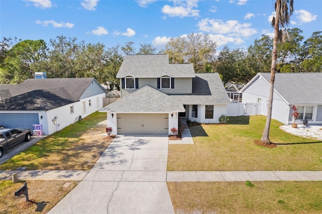 view of property featuring a garage and a front lawn