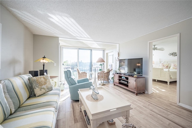 living room featuring a textured ceiling and light hardwood / wood-style floors