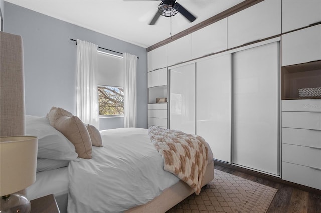 bedroom with dark hardwood / wood-style floors and ceiling fan