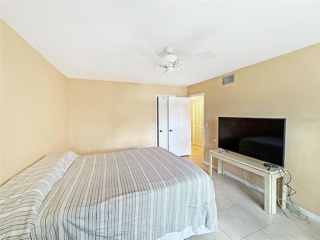 10346 Carrollwood Ln Unit 171, Tampa, FL 33618 - bedroom featuring ceiling fan, light tile patterned floors, baseboards, and visible vents