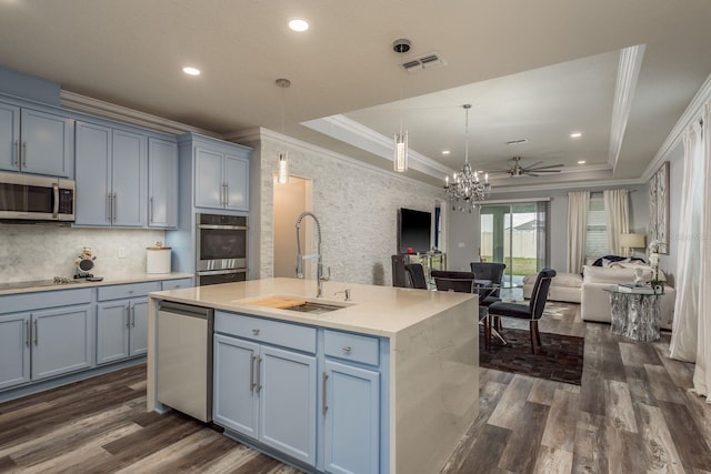 kitchen featuring stainless steel appliances, an island with sink, a raised ceiling, and sink