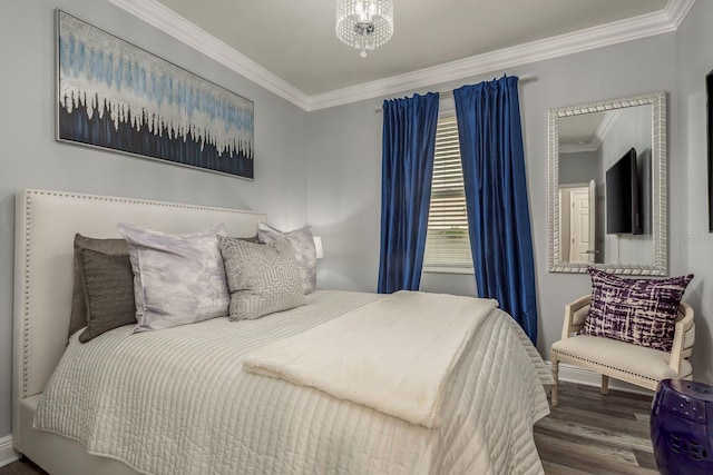 bedroom with crown molding and wood-type flooring