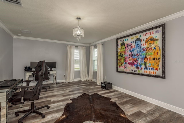 office area featuring ornamental molding, hardwood / wood-style floors, and a notable chandelier