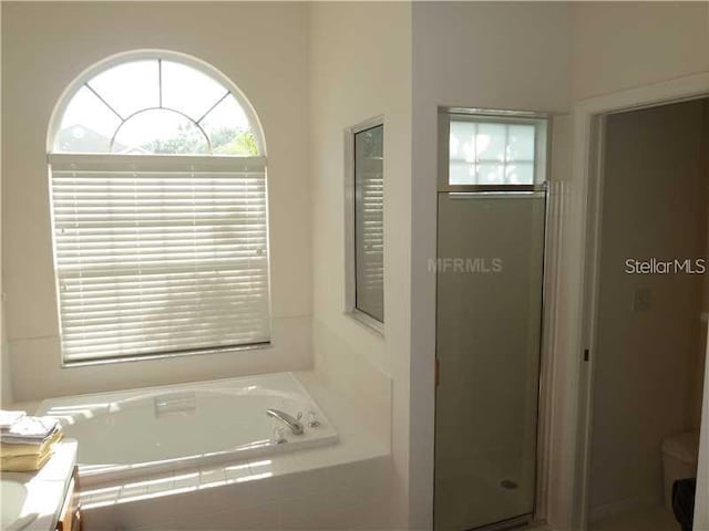 bathroom featuring vanity and plus walk in shower