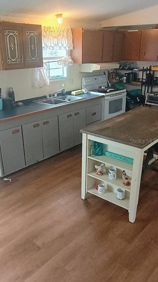 kitchen featuring sink, dark hardwood / wood-style flooring, and white range with electric cooktop