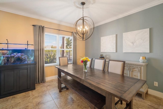 dining room with an inviting chandelier and ornamental molding