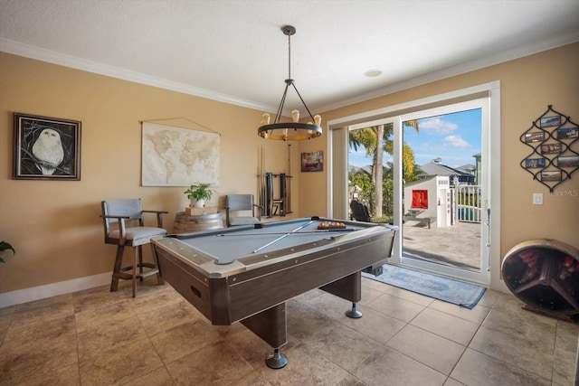 recreation room featuring crown molding, pool table, and tile patterned floors