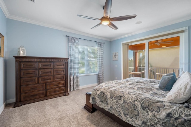 bedroom with light carpet, crown molding, access to outside, and ceiling fan