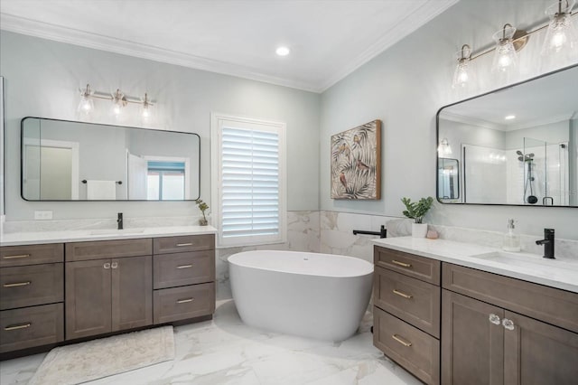 bathroom with ornamental molding, independent shower and bath, and vanity